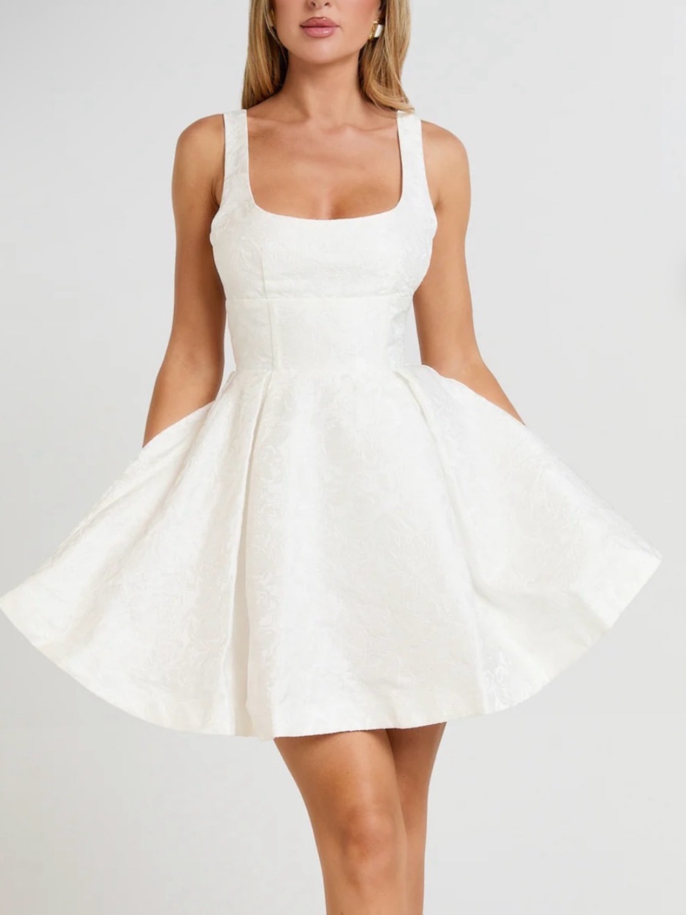 Showpo White Square Neck Fit-and-Flare Mini Dress